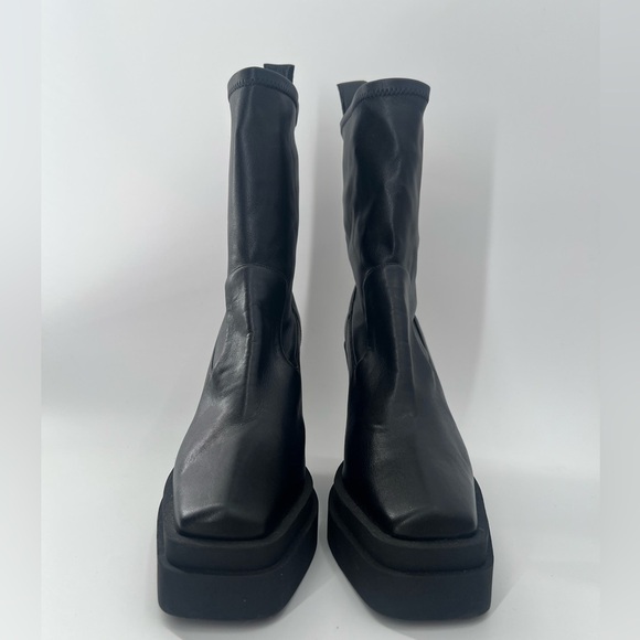 Gia Borghini Texan Black Leather Chunky Platform Sock Square Toe Boots - Picture 3 of 13